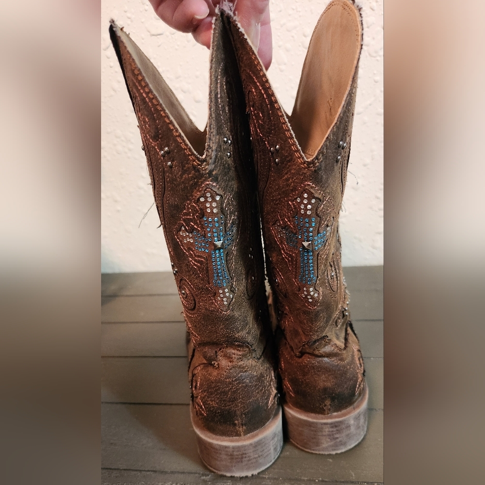 Roper Brown Cowboy Boots with Blue Cross Accents - Picture 3 of 12